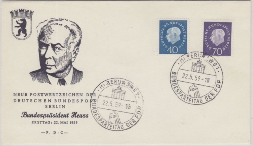 Berlin - 40+70 Pfg. Heuss Medaillon Schmuck-FDC ESST Berlin SW61 - 22.5.59