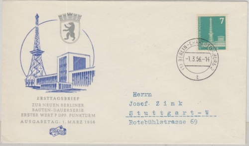 Berlin - 7 Pfg. Stadtbilder I Schmuck-FDC EST Charlottenburg 1.3.56