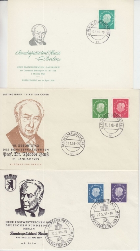 Berlin - Heuss Medaillon 1959 Satz a. 3 Schmuck-FDC 31.1./10.4./22.5.59