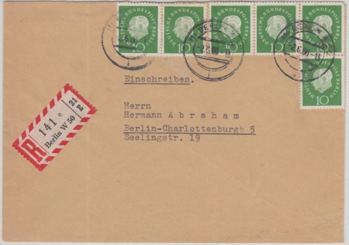 Berlin - 6x10 Pfg Heuss Medaillon Ortsbrief Einschreiben W50 Charlottenburg 1960