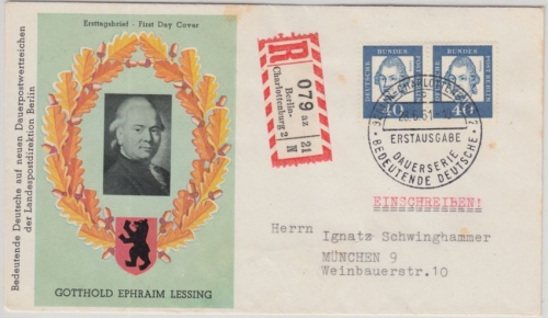 Berlin - 40 Pfg. Bed. Deutsche waagr. Paar Schmcuk-FDC Einschreiben ESST 1961