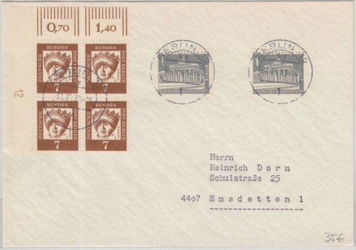 Berlin - 7 Pfg. Bed. Deutsche 4er-Block Bogenecke Druckerzeichen u.a. Brief 1970