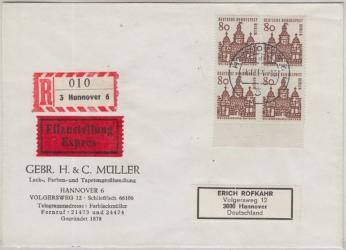 Berlin - 80 Pfg Bauwerke Viererblock Unterrand Eilortseinschreiben Hannover 1964