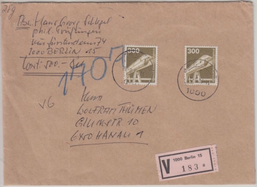 Berlin - 2x300 Pfg. Industrie/Technik Wertbrief Berlin - Hanau 1983