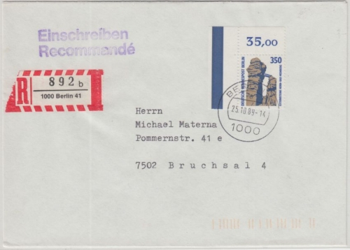 Berlin - 350 Pfg. Sehenswürdigkeiten Bogenecke Einschreibebrief n. Bruchsal 1989