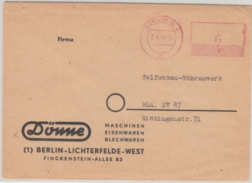 Berlin - 6 Pfg. apt. Postfreistempel Firmen-Ortsbrief Berlin N4 - 7.4.49