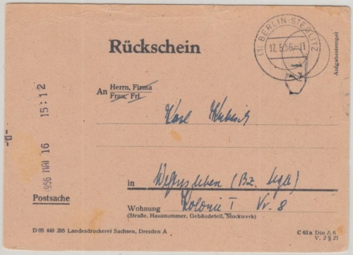 Berlin - Rückschein Berlin Steglitz 12.5.56 n. Welsleben(ß) - m. Rohrpost bef. !