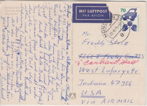 BRD - 70 Pfg. Unfallverhütung Luftpostkarte n. USA München West Lafaryette 1976