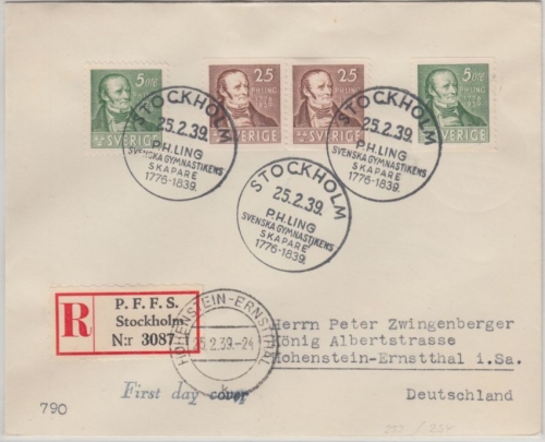 Schweden - 100. Todestag P.H. Ling Einschreibebrief/FDC ESST Stockholm 1939 n.