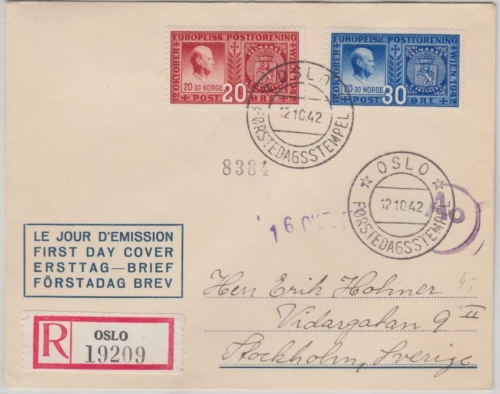 Norwegen - Gründung Europ. Postverein Einschreibebrief/FDC ESST Oslo 1942 n.