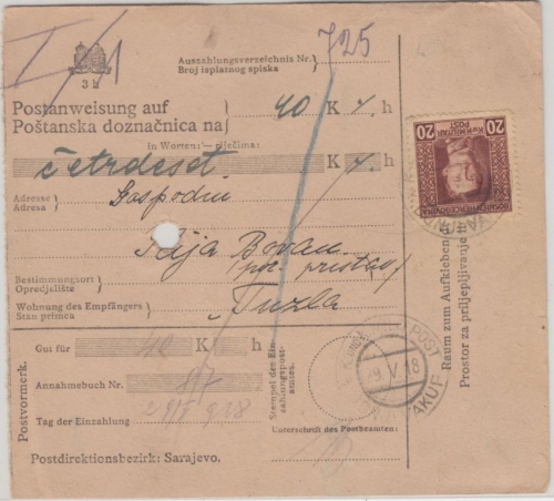 Bosnien & Herzegowina - 20 H. Kaiser Karl Postanweisung Donjevakuf - Tuzla 1918