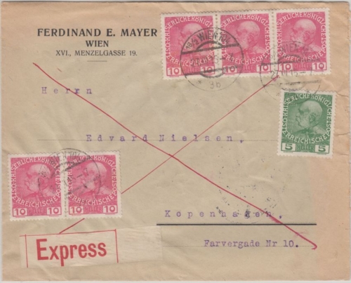 Österreich - 5x10+5 H. Franz-Joseph Eilbrief n. DÄNEMARK Wien - Kopenhagen 1915