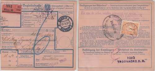 Österreich - Wien 1927 bar frankierte Paketkarte n. Maribor JUGOSLAWIEN