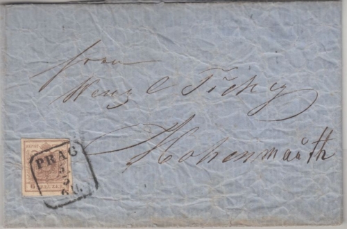 Österreich - 6 Kr. 1.. Ausgabe Brief (Zierbrief ?) Prag 5/3 (1857) n. Hohenmauth