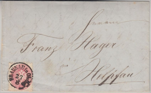 Österreich - 5 Kr. Doppeladler Brief K1 Braunau in ObÖst 1866 n.