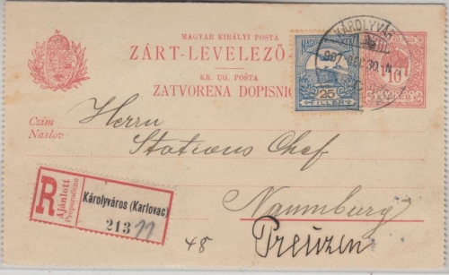 Ungarn/Kroatien - 10 f Ganzsache Kartenbrief + Zusatz Einschreiben Karlovac 1908