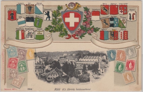Schweiz - Rüti Seidenweberei farb. Briefmarken-AK gelaufen Feldbach 1908
