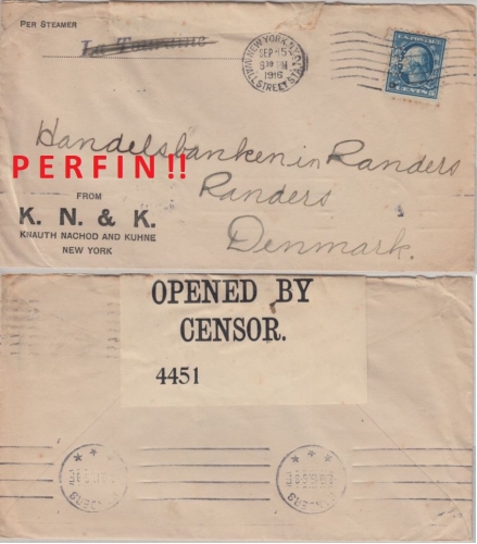 USA - 5 C. Washington Perfin Zensurbrief n. DÄNEMARK New York - Randers 1916