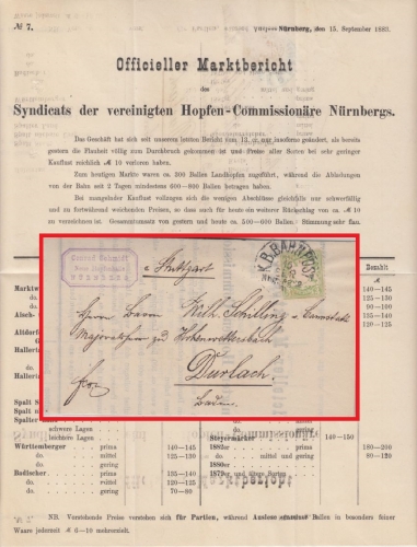 Bayern - 3 Pfg. Wappen Ausg. 1881 Drucksache Bahnpost Nürnberg Augsburg 1883