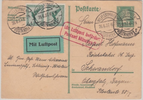 DR - 5 Pfg. Ganzsache + Zusatz Luftpostkarte Wilhelmshaven-Rüstringen 1927 n.