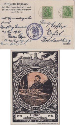 DR - Eisenach Wartburg 1921 SST + Sonderkarte Luther Gedächtnis Feier n. Erfurt