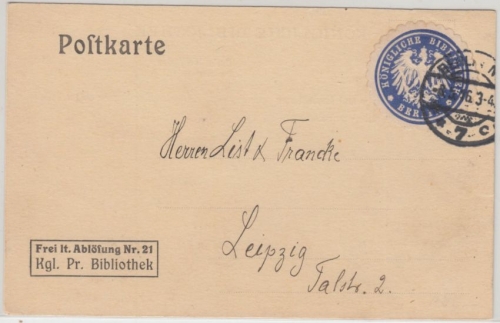 DR - Königliche Bibliothek Berlin Papiervignette Karte Frei d. Ablösung 1916 n.