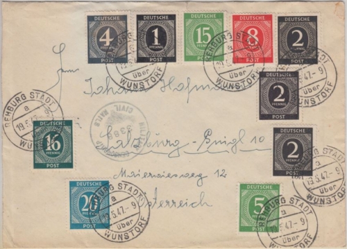 All.Bes./Kontrollrat - 3x2+1 Pfg. Ziffer u.a. Zensurbrief n. ÖSTERREICH 1947