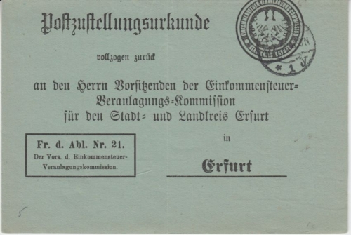DR - Erfurt 1920 Postzustellungsurkunde Frei d. Ablösung Vordruck Finanzamt
