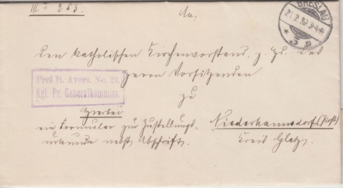 DR - Breslau 1899 Frei lt. Avers No. 21 Zustellurkunde n. Niederhannsdorf