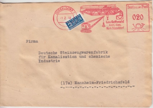 BRD - Düsseldorf 1949 20 Pfg. AFS Leo Gottwald Kräne Bagger Brief n. Mannheim