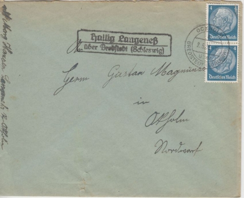 DR - Hallig Langeneß ü. Bredstedt (Schleswig) Landpost Ra2 n. Okholm 1935