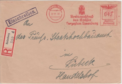 DR - Ratzeburg 1941 42 Pfg. AFS Kreisausschuß Einschreibebrief n. Lübeck