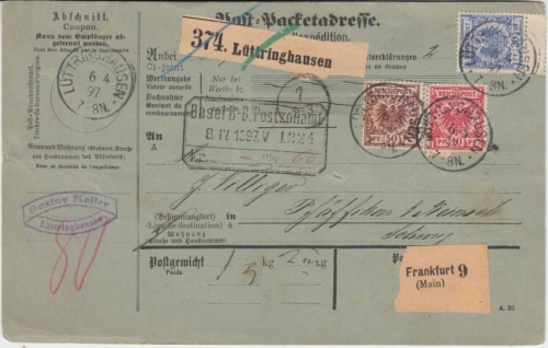 DR - 50+20+10 Pfg. Krone/Adler Paketkarte i.d. SCHWEIZ Lüttringhausen 1897 n.