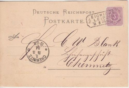 DR - Eichicht - Leipzig sächs. Bahnpoststempel Karte n. Chemnitz 1884