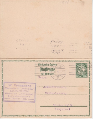 Bayern - 5/5 Pfg. Hupp'sches Wappen Ganzsache Doppelkarte München - Lindau 1914