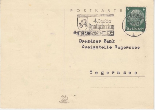 DR - Essen 4. Deutscher Apothekertag 1937 Masch.werbestempel Karte n. Tegernsee