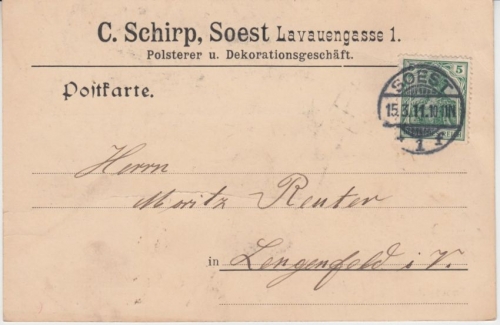 DR - Soest 1911 Firmenkarte (Polsterei Deko Schirp) n. Lengenfeld