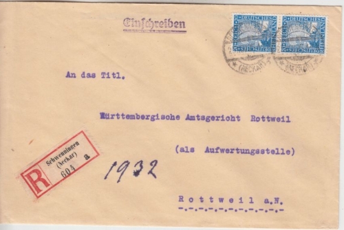 DR - 2x20 Pfg. 1000 J. Rheinland Einschreibebrief Schwenningen - Rottweil 1925
