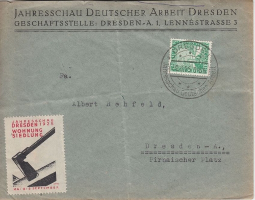 DR - Dresden 1925 Jahresschau d. dt. Arbeit SST Ortsbrief mit Werbevignette