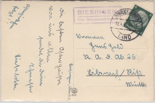 DR - Biesingen ü. Donaueschingen Landpost-Ra2 Karte n. Biberach 1941