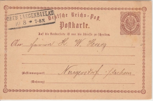 DR - Ober-Langenbielau 10/8 (1874) Ra2 1/2 Gr. Brustschild Ganzsache n.