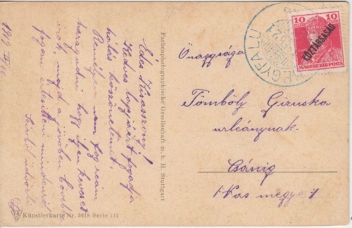 Ungarn - 10 f. König Karl/Köztársaság Karte Hegyfalu - Csánig 1921