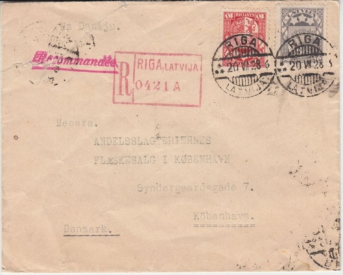 Lettland - 50+10 S. Staatswappen Einschreibebrief n. DÄNEMARK Riga 1928 n.