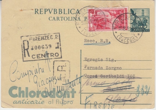 Italien - 20 L. Quadriga Ganzsache + Zusatz Einschreiben-Rückschein Firenze 1952