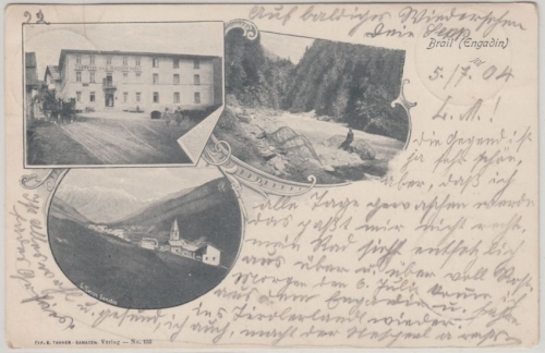 Schweiz - Brail Engadin sw-Mehrbild-AK (Gasthaus etc.) gelaufen 1904