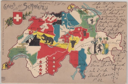 Schweiz - Landkarte Kantone farbige AK gelaufen Luzern 1904