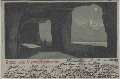 Schweiz - Vierwaldstätter See Felsgalerie Mondscheinlitho gelaufen Fluelen 1900