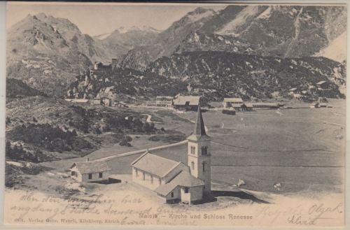 Schweiz - Maloja Graubünden Kirche u. Schloss sw-AK gelaufen Maloja-Kulm 1902
