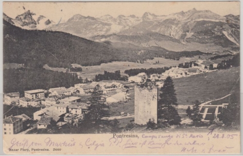 Schweiz - Pontresina Graubünden Ortsansicht sw-AK gelaufen 1905 Irrläufer