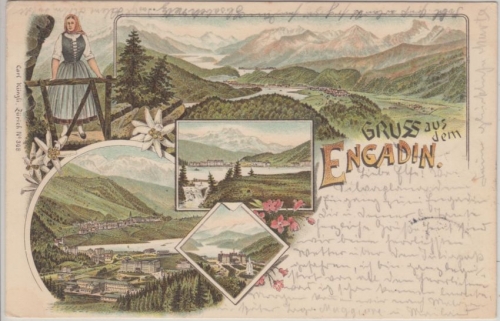 Schweiz - Gruss aus dem Engadin farbige Mehrbild-Litho gelaufen Silvaplana 1896